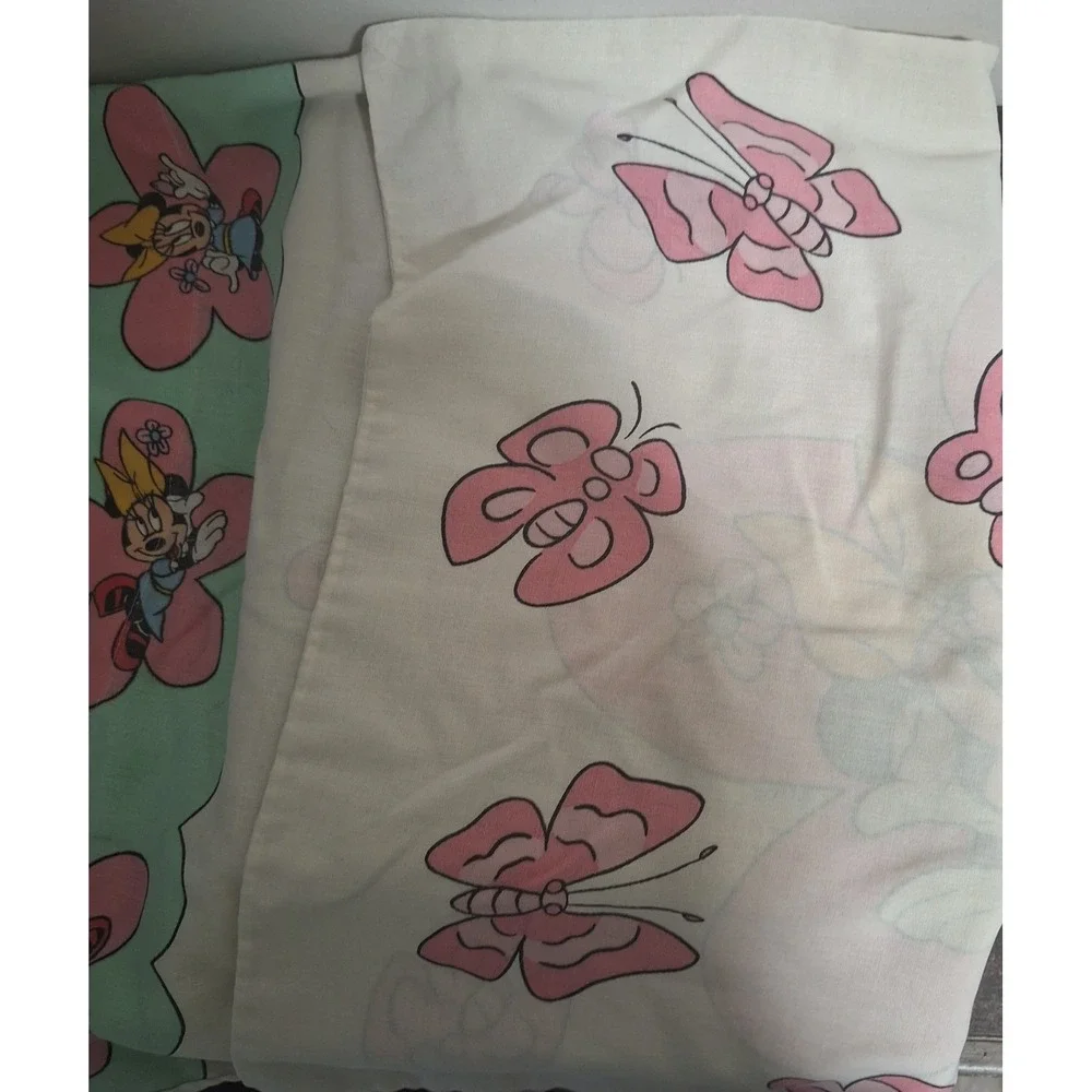 Vintage Disney Minnie Mouse Pillowcase Floral Butterfly Pink Mint Green Bedding